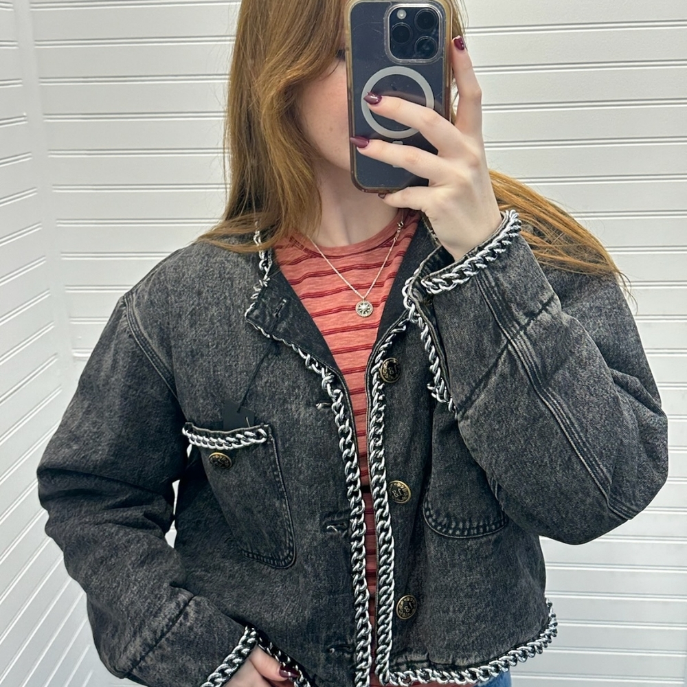 NWT R13 $2390 Chain Embelished Crop denim jacket